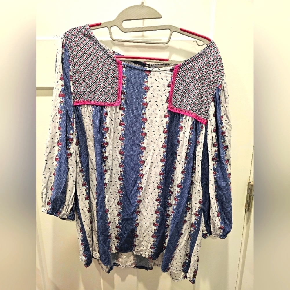 Matilda Jane Women’s Large Boho Peasant Top Mixed Print Floral Geometric 3/4 Sle